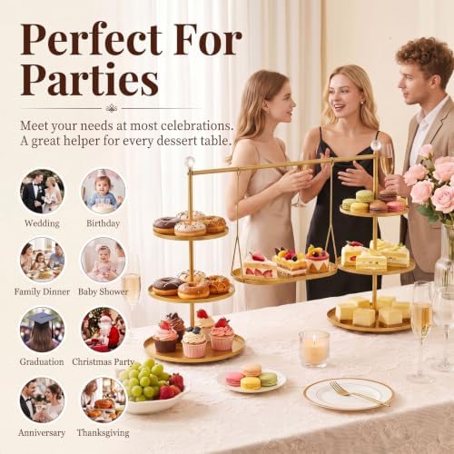 Metal 3 Tier Cupcake Stands Display, Removable Tray with Swing, Gold in Gold-1, alternate view 4