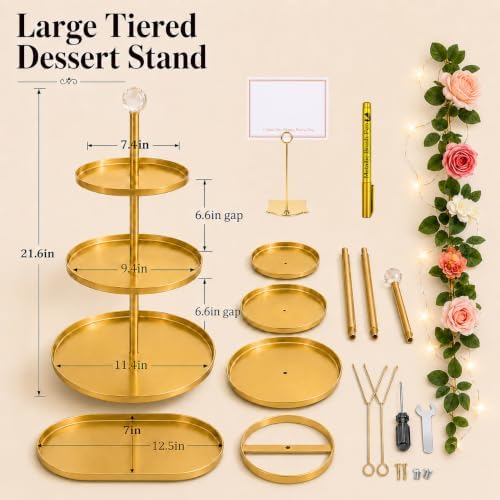 Metal 3 Tier Cupcake Stands, Removable Swing Tray & Decor Set, Gold in Gold-2, alternate view 3