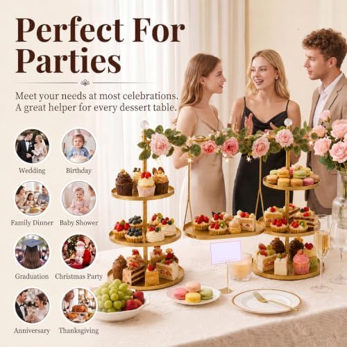 Metal 3 Tier Cupcake Stands, Removable Swing Tray & Decor Set, Gold in Gold-2, alternate view 4