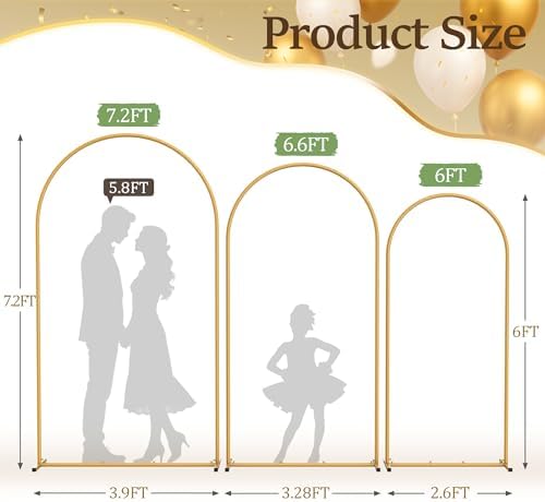 Metal Arch Backdrop Stand 3 Set (7.2FT+6.6FT+6FT), Gold Wedding Arch Frame, alternate view 7