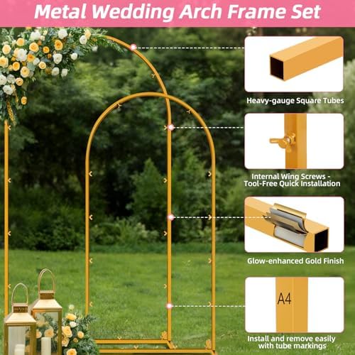 Metal Arch Backdrop Stand, 7.2FT+6FT Wedding Arches Frame, Gold Wedding Arch Backdrop Stand Set of 2, Balloon, alternate view