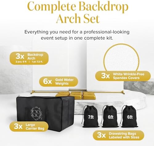 Metal Arch Backdrop Stand and Cover Set - 3 Gold Frames (7.2ft, 6ft x2) with White Wrinkle-Free Spandex Covers, alternate