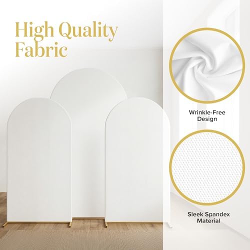 Metal Arch Backdrop Stand and Cover Set - 3 Gold Frames (7.2ft, 6ft x2) with White Wrinkle-Free Spandex Covers, alternate