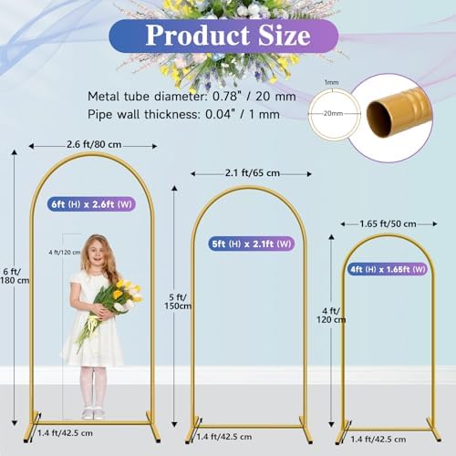 Metal Arch Backdrop Stand, Gold, Set of 3, 6FT, 5FT, 4FT in Gold, alternate view 2