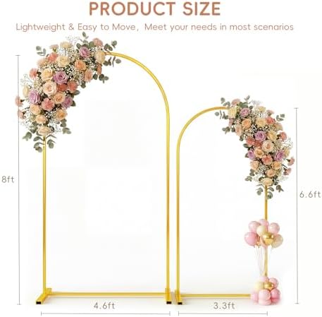 Metal Arch Backdrop Stand Set of 2, 8FT+ 6.6FT Balloon Arch Stand, Gold Wedding Arch Frame with Stable Base, alternate view 3