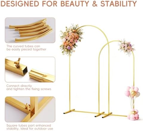 Metal Arch Backdrop Stand Set of 2, 8FT+ 6.6FT Balloon Arch Stand, Gold Wedding Arch Frame with Stable Base, alternate view 5