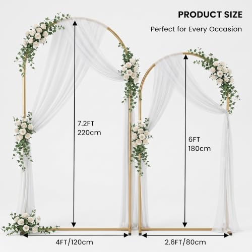 Metal Arch Backdrop Stand Set of 2, Gold Wedding Arch Frame 7.2FT+6FT, Heavy Duty Round Balloon Arch Stand with, alternate