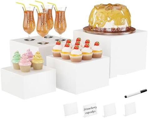Metal Buffet Risers,4PCS Food Risers for Buffet Table 5in to 8in Display Stand with Mini Acrylic Signs for