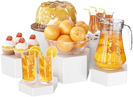 Metal Buffet Risers,6PCS Hexagonal Jewelry Display Risers 2.76 in to 4.02 in Market Display Stands Metal