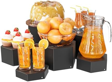 Metal Buffet Risers,6PCS Hexagonal Jewelry Display Risers 2.76 in to 4.02 in Market Display Stands Metal