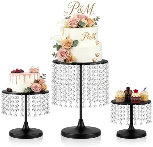 Metal Cake Stand Set with Crystal Pendants - Elegant Dessert Table Display for Weddings, Birthday Parties, Baby