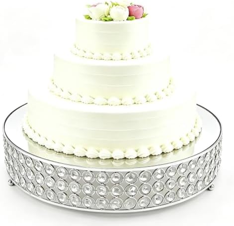 Metal Cake Stand with Beaded Crystal Display Cake Pedestal, Baking Party Supplies Centerpiece, Silver 16 Inch in