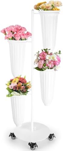 Metal Flower Bar Stand With 4 Buckets Flower Cart Display Stand with Wheels Floral Bar for Wedding, Garden