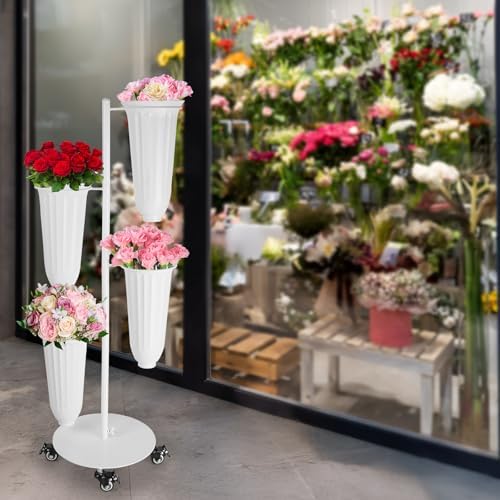 Metal Flower Bar Stand With 4 Buckets Flower Cart Display Stand with Wheels Floral Bar for Wedding, Garden, alternate view 7