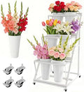 Metal Flower Bar Stand with 6 Buckets Bloom Cart with Wheels White