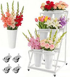 Metal Flower Bar Stand with 6 Buckets Bloom Cart with Wheels White