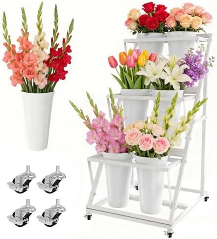 Metal Flower Bar Stand with 6 Buckets Bloom Cart with Wheels White