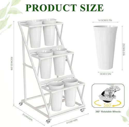 Metal Flower Bar Stand with 6 Buckets Bloom Cart with Wheels White, alternate view 2