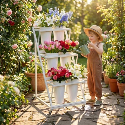 Metal Flower Bar Stand with 6 Buckets Bloom Cart with Wheels White, alternate view 5