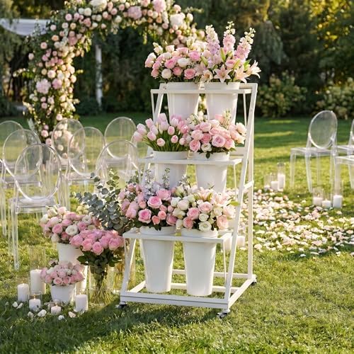 Metal Flower Bar Stand with 6 Buckets Bloom Cart with Wheels White, alternate view 6