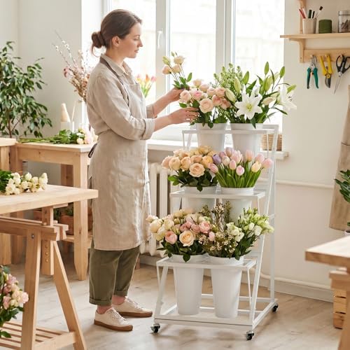 Metal Flower Bar Stand with 6 Buckets Bloom Cart with Wheels White, alternate view 7