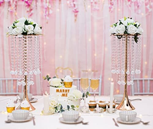 Metal Gold Flower Stands for Centerpieces - 21.88" Tall Wedding Decor Flower Vases, Elegant Floral Crystal, alternate view 6