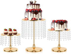 Metal Mirror Cake Stand Set with Crystal Pendants - Elegant Dessert Table Display for Weddings, Birthday