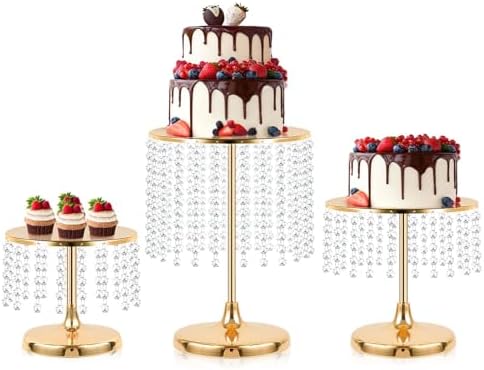 Metal Mirror Cake Stand Set with Crystal Pendants - Elegant Dessert Table Display for Weddings, Birthday
