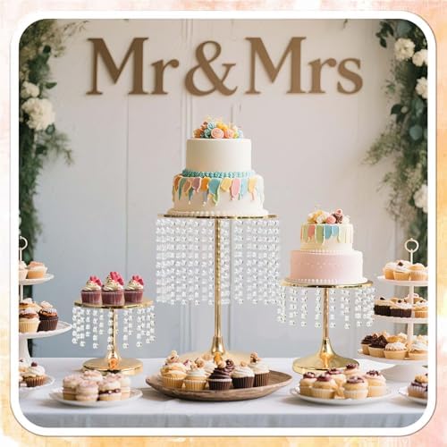Metal Mirror Cake Stand Set with Crystal Pendants - Elegant Dessert Table Display for Weddings, Birthday, alternate view 2