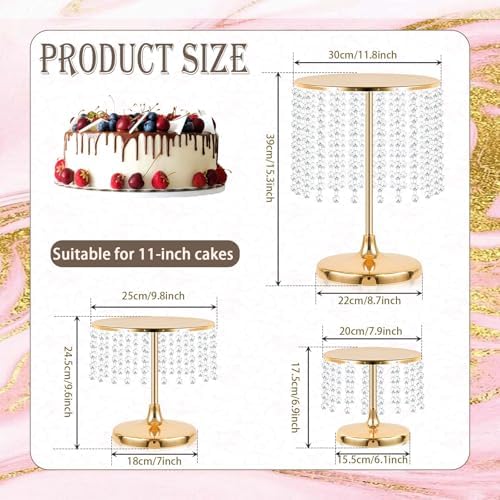Metal Mirror Cake Stand Set with Crystal Pendants - Elegant Dessert Table Display for Weddings, Birthday, alternate view 3