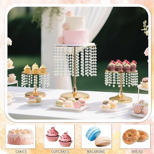 Metal Mirror Cake Stand Set with Crystal Pendants - Elegant Dessert Table Display for Weddings, Birthday, alternate view 6