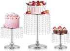 Metal Mirror Cake Stand Set with Crystal Pendants - Elegant Dessert Table Display for Weddings, Birthday