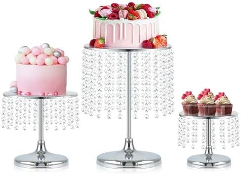 Metal Mirror Cake Stand Set with Crystal Pendants - Elegant Dessert Table Display for Weddings, Birthday