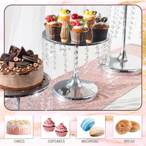 Metal Mirror Cake Stand Set with Crystal Pendants - Elegant Dessert Table Display for Weddings, Birthday, alternate view 4