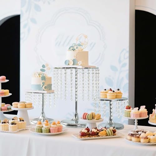 Metal Mirror Cake Stand Set with Crystal Pendants - Elegant Dessert Table Display for Weddings, Birthday, alternate view 6