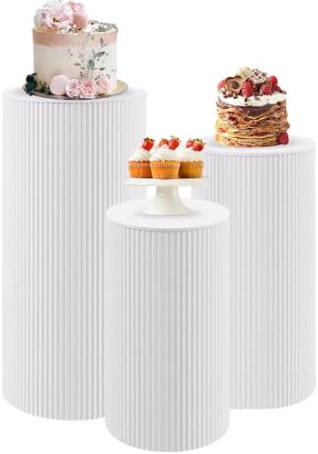 Metal Pleated Cylinder Pedestal Stands for Party, 3 Pieces Heavy Duty Round Cake Pedestal Stand Display Plinth