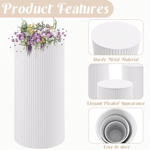Metal Pleated Cylinder Pedestal Stands for Party, 3 Pieces Heavy Duty Round Cake Pedestal Stand Display Plinth, alternate
