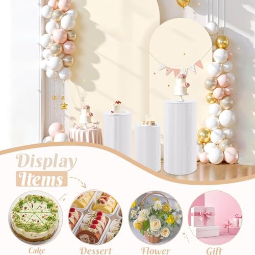 Metal Pleated Cylinder Pedestal Stands for Party, 3 Pieces Heavy Duty Round Cake Pedestal Stand Display Plinth, alternate