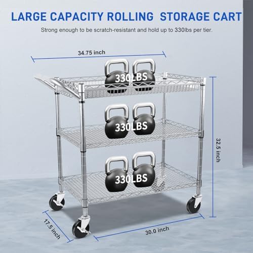 Metal Utility Rolling Cart, 990lbs Capacity 3 Tier Heavy Duty NSF Rolling Chrome Trolley Cart with Wheels & Wire, alternate