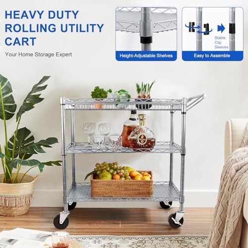 Metal Utility Rolling Cart, 990lbs Capacity 3 Tier Heavy Duty NSF Rolling Chrome Trolley Cart with Wheels & Wire, alternate