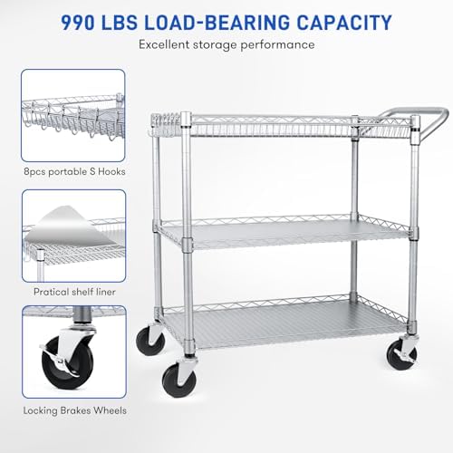 Metal Utility Rolling Cart, 990lbs Capacity 3 Tier Heavy Duty NSF Rolling Chrome Trolley Cart with Wheels & Wire, alternate