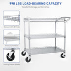 Metal Utility Rolling Cart, 990lbs Capacity 3 Tier Heavy Duty NSF Rolling Chrome Trolley Cart with Wheels & Wire, alternate