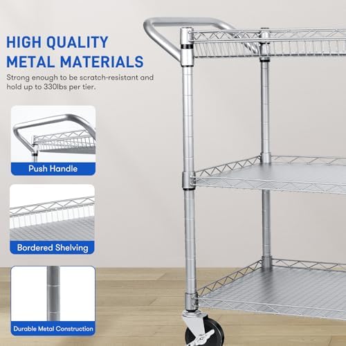 Metal Utility Rolling Cart, 990lbs Capacity 3 Tier Heavy Duty NSF Rolling Chrome Trolley Cart with Wheels & Wire, alternate