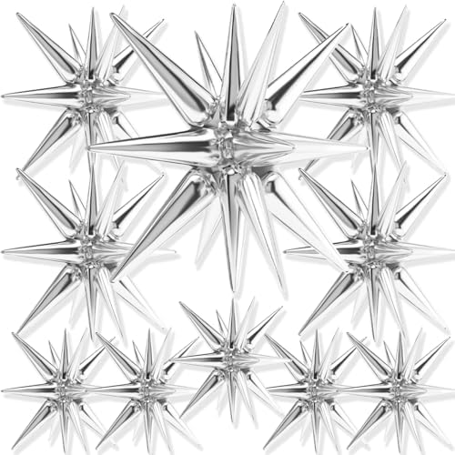 Metallic Silver Star Spike Balloons 10pcs Explosion Foil Balloons in 10 PCS - 42&27&22 Inch in Silver