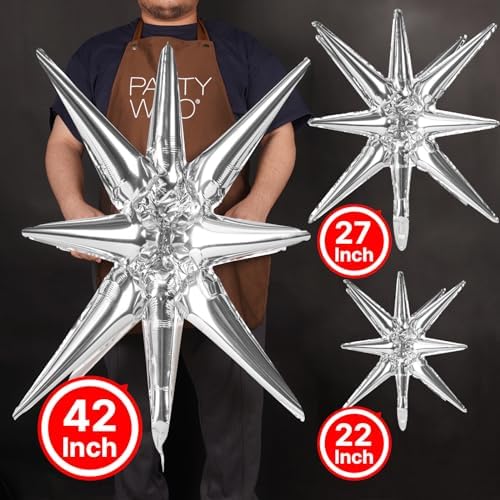 Metallic Silver Star Spike Balloons 10pcs Explosion Foil Balloons in 10 PCS - 42&27&22 Inch in Silver, alternate view 2