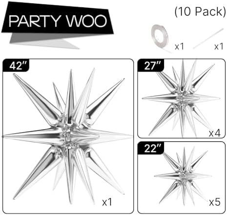 Metallic Silver Star Spike Balloons 10pcs Explosion Foil Balloons in 10 PCS - 42&27&22 Inch in Silver, alternate view 3
