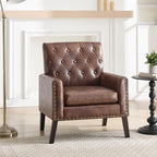 Mid Century Modern Accent Chair, Dark Brown Faux Leather Office Chair for Reception - Tufted Leather Club Chair