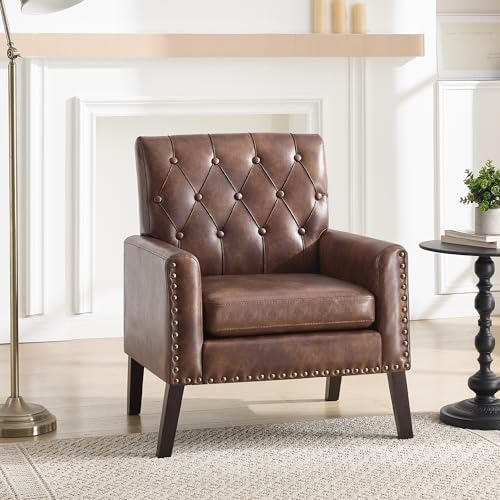 Mid Century Modern Accent Chair, Dark Brown Faux Leather Office Chair for Reception - Tufted Leather Club Chair