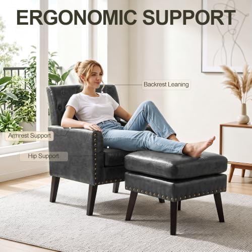 Mid Century Modern Accent Chair Ottoman, Black Faux Leather Office Chair with Foot Stool for Reception - Tufted, alternate