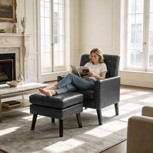 Mid Century Modern Accent Chair Ottoman, Black Faux Leather Office Chair with Foot Stool for Reception - Tufted, alternate